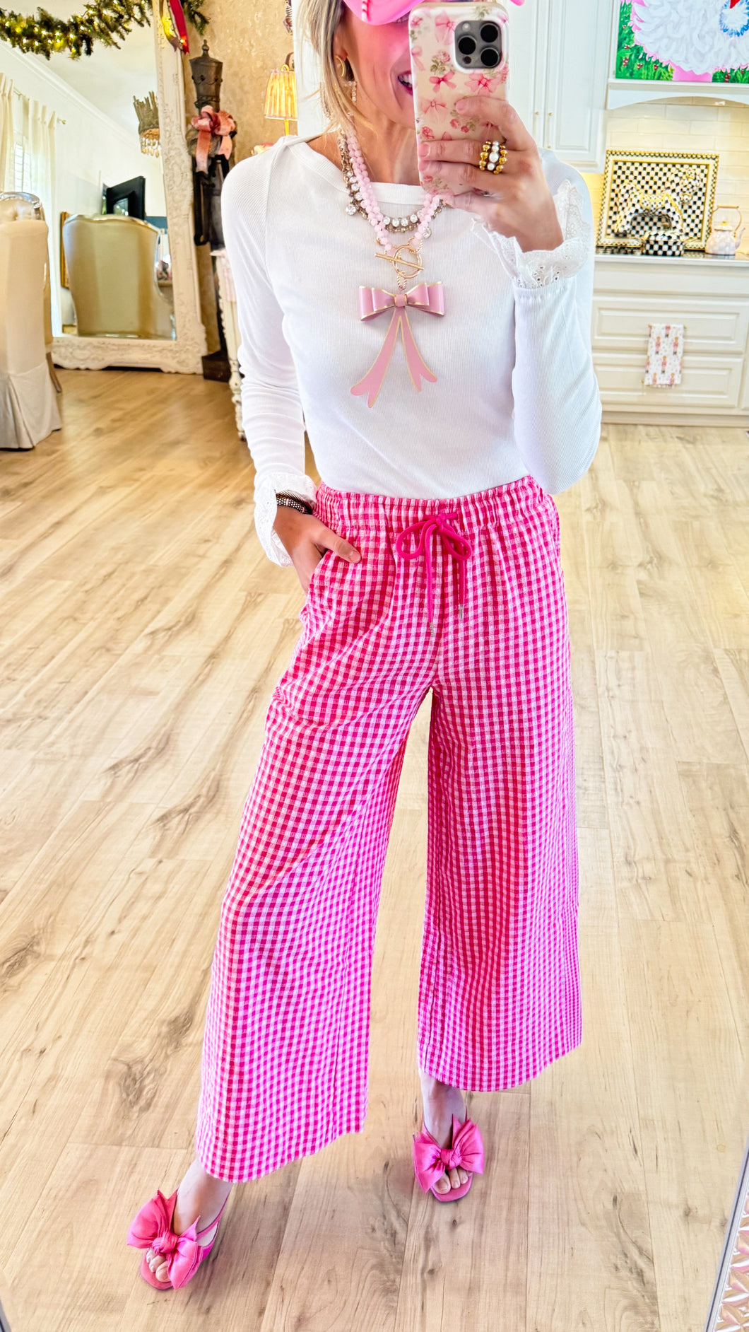 Pink Gingham Seersucker Wide Leg Pants
