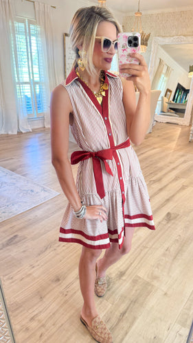 Maroon Stripe Button Up Sleeveless Dress