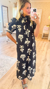 Black Floral Print Short Puff Sleeve Midi Dress
