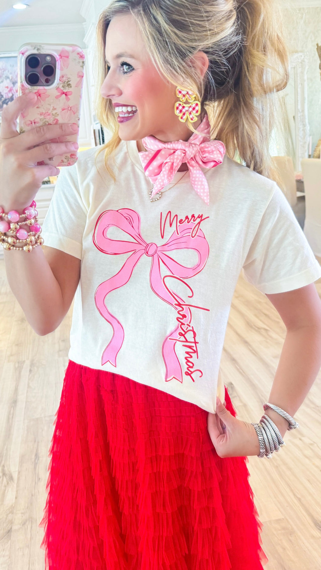 Ivory Pink and Red Bow Shirt