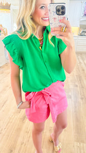 Deal of the Day Kelly Green Smocked Ruffle Sleeve Top