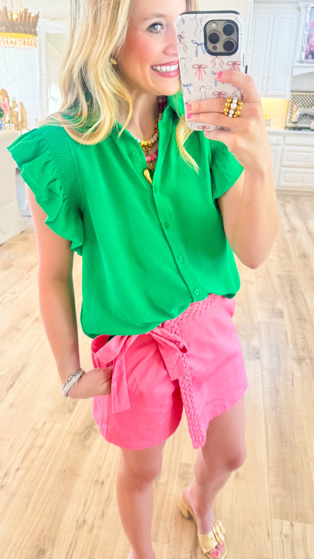 Deal of the Day Kelly Green Smocked Ruffle Sleeve Top