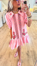 Pink Embroidered Puff Sleeve Mini Dress