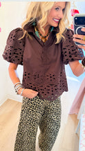 Brown Eyelet Scallop Hem Top