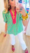 Green Gingham Puff Sleeve Top