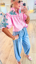 THML Pink Embroidered Puff Sleeve Top