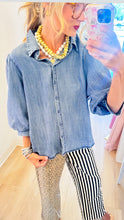 Washed Denim Bubble Sleeve Top