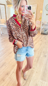 Leopard and Red Contrast Button Up Top