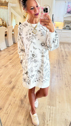 White and Black Floral Print French Terry Mini Dress