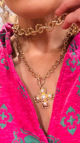 Gold Pearl Cross Necklace