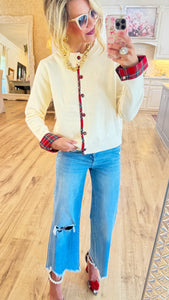 Cream Plaid Trimmed Cardigan
