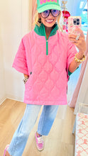 Pink and Green Quilted Puffer Poncho