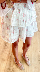 Ivory Floral Print Tiered Skirt