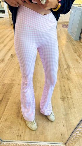 Pink Gingham High-Waisted Crossover Flare Leggings