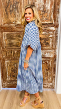 Blue Gingham Puff Sleeve Midi Dress