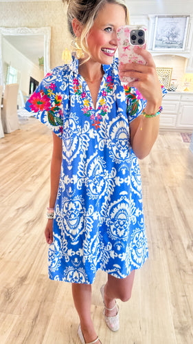 THML Blue Printed Puff Sleeve Mini Dress