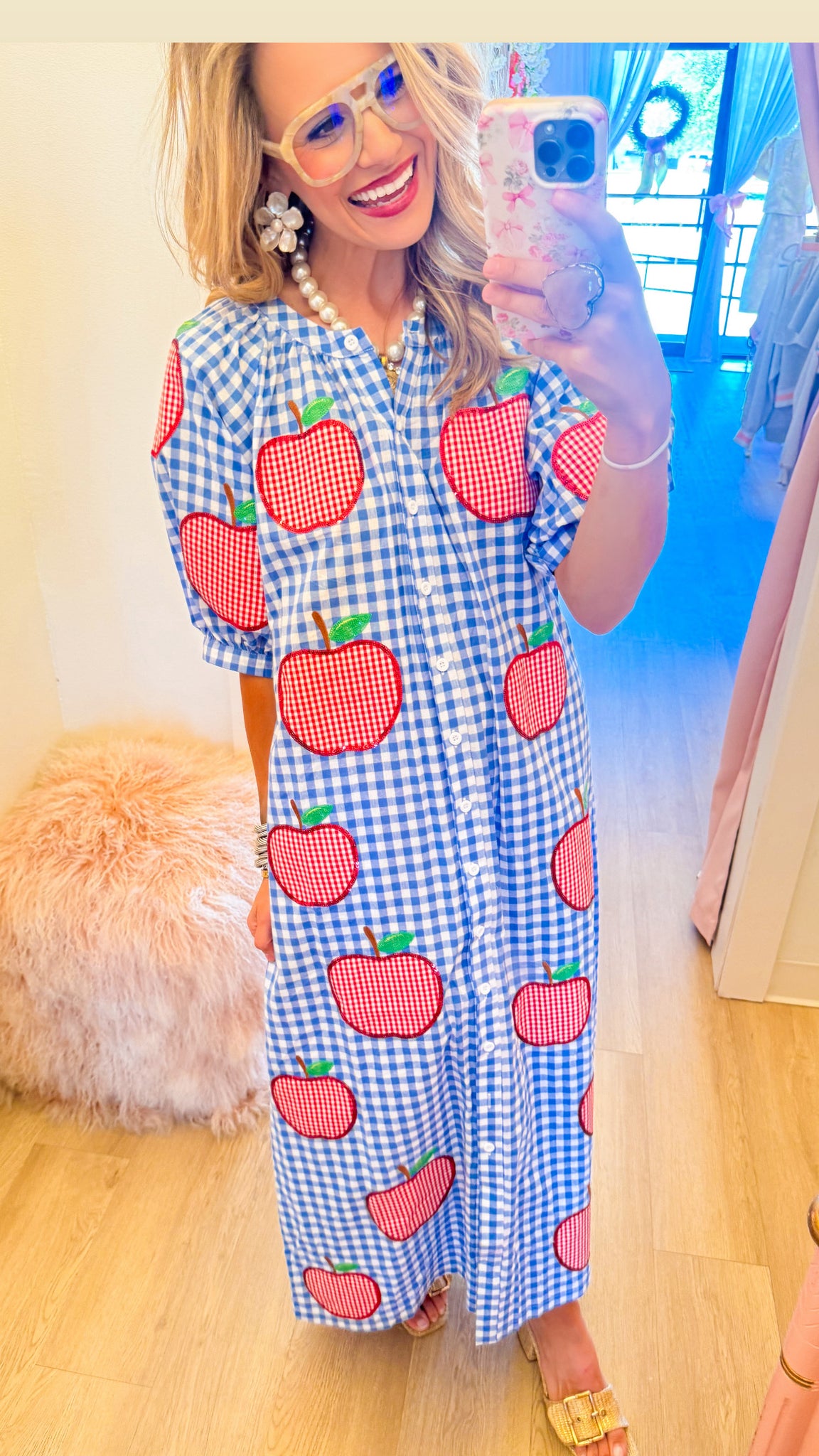 Queen of Sparkles Blue Gingham Apple Midi Dress Charlotte Heart Boutique Queen of Sparkles Blue Gingham Apple Midi Dress Charlotte Heart Boutique