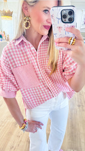 Pink Gingham Button Up Blouse