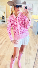 Pink Jacquard Patterned Cardigan with Fringe