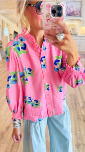 Pink Mix Floral Ruffle Neck Top