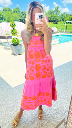Pink and Orange Embroidered Midi Dress