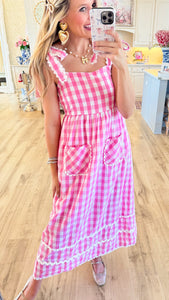 Pink Gingham Midi Dress