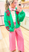 Green and Pink Flower Knit Cardigan