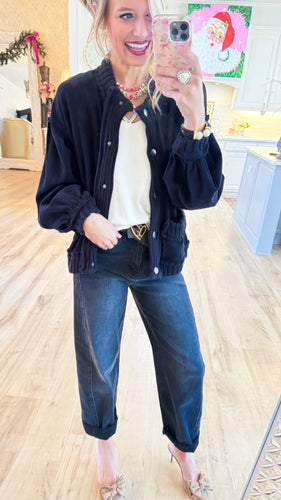 Deal of the Day Black Washed Ribbed Knit Trim Cardigan Jacket