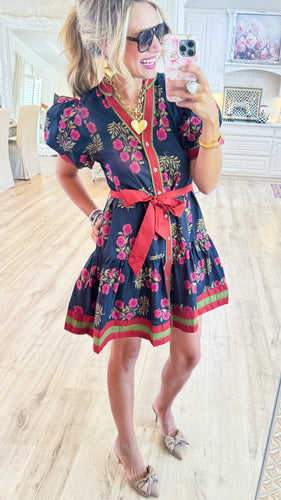 Black Floral Pattern Puff Sleeve Mini Dress