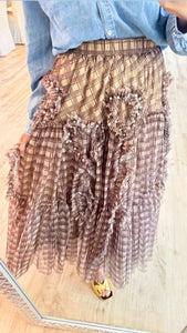 Coffee Ruffle Pearl Detailing Skirt