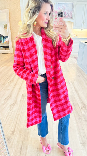 Pink and Red Houndstooth Tweed Coat