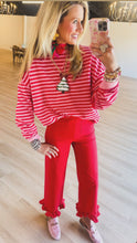 Red Straight Leg Ruffle Hem Pants