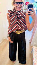 Brown Stripe Sleeveless Neck Tie Top