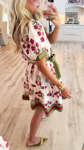 Ecru Floral Pattern Puff Sleeve Mini Dress
