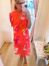 Coral Floral Ruffle Neck Midi Dress
