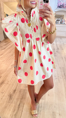Ivory and Pink Polka Dot Ruffle Sleeve Dress