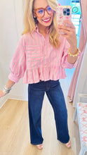 Pink and Green Stripe Ruffle Hem Top